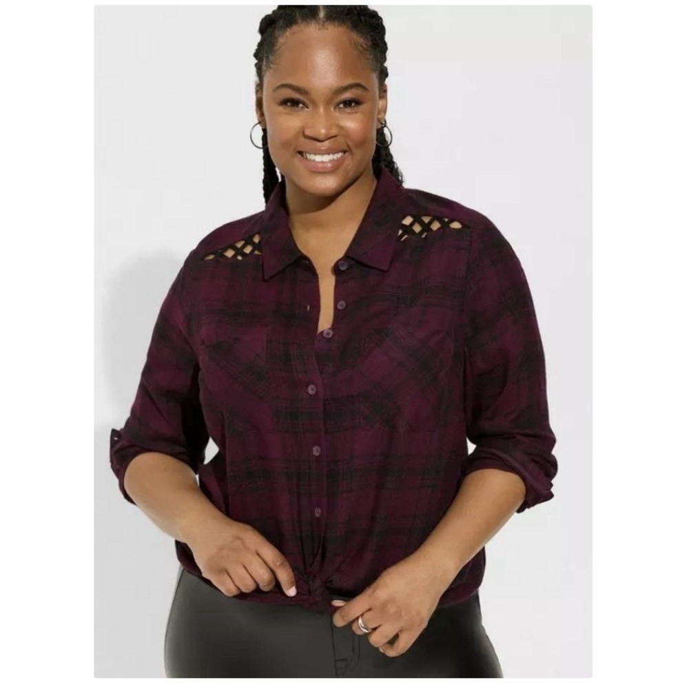 Torrid Purple Plaid Soft Flannel Button Up Lattice Peekaboo Shirt Size 1X